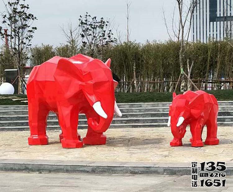 公園景區大象玻璃鋼彩繪紅色幾何大象雕塑 公園景區大象玻璃鋼彩繪紅色幾何大象雕塑