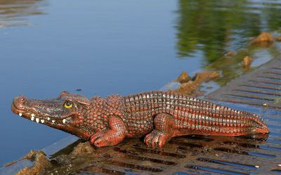 湖邊擺放的玻璃鋼仿真動(dòng)物鱷魚(yú)雕塑